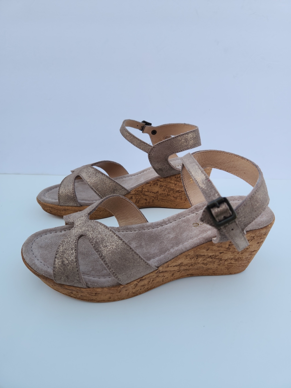 Sundance Metallic Taupe Ankle Strap Suede Leather Cork Wedge - Picture 2 of 13